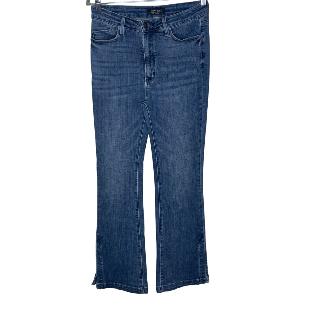Judy Blue High Rise Flare Jeans Side Slit Medium Wash Stretch Denim 11/30 Boho